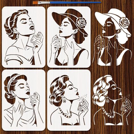 4Pcs Pochoir Femme Parfum Avec Pinceau Format A4 29.7x21cm Modèle Pochoir Femme Réutilisable Pochoirs Silhouette Art Dame Pochoirs Thème Femmes pour Peinture sur Bois, Papier, Tissu (1/5)
