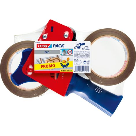 tesapack Extra Strong und Handabroller im Set mit 2 besonders reißfesten PVC-Klebebändern - Braun - 66 m x 50 mm (1/5)