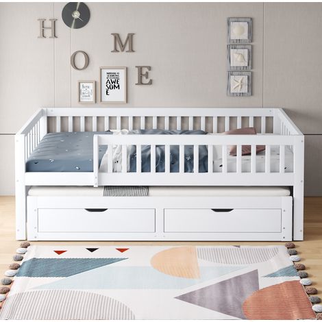 Cama nido 90x200 cm blanca de madera con barrera de seguridad, cama extraíble y 2 cajones (1/5)