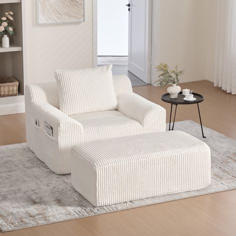 Poltrona oversize 147x110x67 cm beige in velluto a coste con poggiapiedi e tasche laterali (1/5)