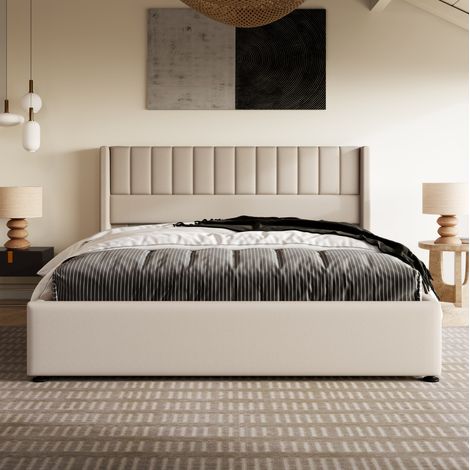 Lit coffre capitonné moderne en lin beige 180x200 cm avec tête de lit, sommier à lattes et ouverture hydraulique