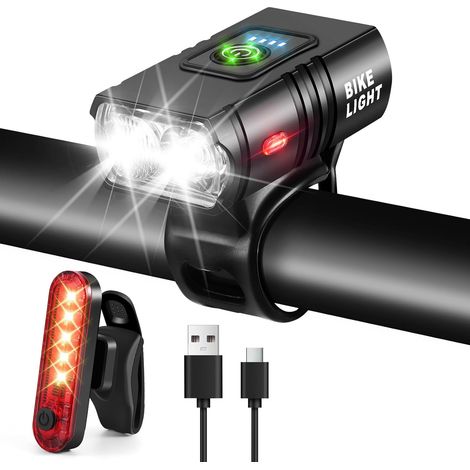 Lumiere Velo, Lumière Velo Avant et Arrière, Éclairage Vélo de LED Super Lumineux, USB Rechargeable, 6 Modes D'éclairage, Résistant à L'eau et à la Saleté, pour la Montagne,la Conduite de Nuit Full HD (1/5)