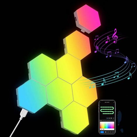 Lámpara de pared hexagonal DIY BT graffiti wifi controlada por voz con un peculiar patrón de panal. Lámpara de montaje con una atmósfera cuántica.