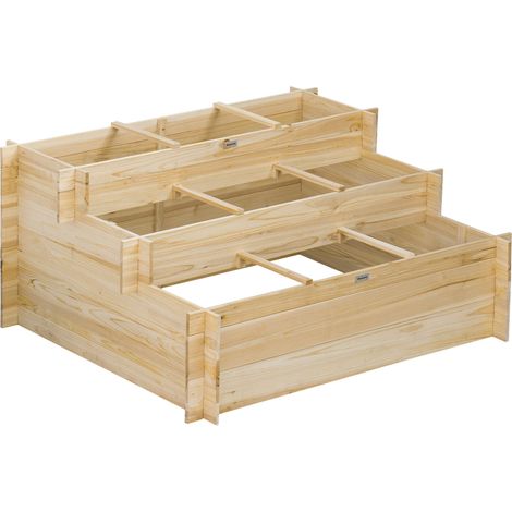 Jardinière surélevée carrée 3 étages, potager de jardin avec 9 bacs en bois de sapin et feutre géotextile (1/5)