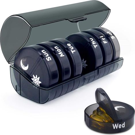 Étui à pilules rond mini 14 compartiments, boîte à médicaments étanche à l'humidité, plastique portable, 1 semaine matin et soir, tout noir (1/5)