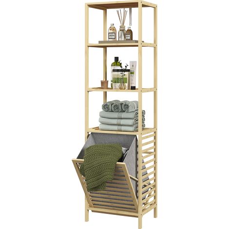 Badezimmerregal aus Bambus mit 3 Ablagen + herausnehmbarem Wäschekorb, 44 x 33 x 160 cm