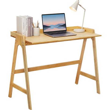 Relaxdays Desk, Wood, HxWxD: 81.5 x 107 x 48.5 cm, small computer desk, natural (1/5)