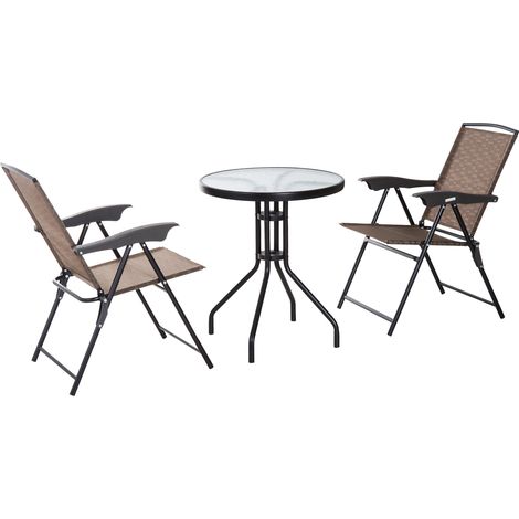 Outsunny Ensemble de Jardin 3 pièces 2 chaises inclinables Multi-Positions Pliables + Table Ronde Verre trempé métal textilène Chocolat
