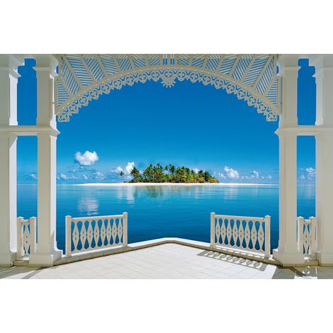 Papier peint panoramique trompe l'œil vue sur mer | Tapisserie panoramique île paradisiaque turquoise | Papier peint panoramique plage pour salle de bain - 384 X 260 cm (8 pièces) (1/2)