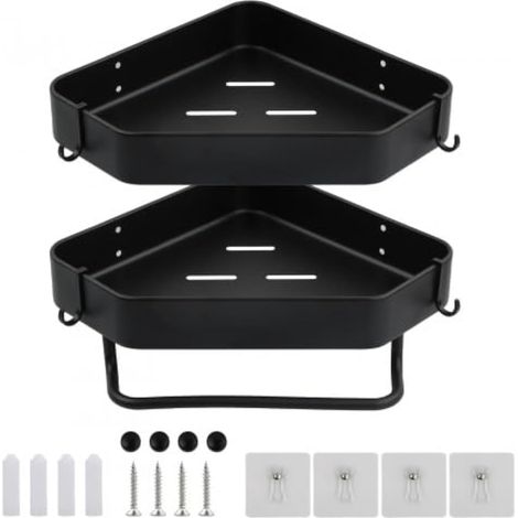 Set aus 2 schwarzen Eckregalen ohne Bohren mit 4 Haken, Shampoo-Halter fürs Badezimmer.