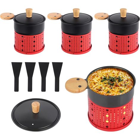 Lot de 4 Appareil Raclette Bougie à Revêtement Antiadhésif,Poêlon Raclette Individuelle de Fusion Rapide sans Fil pour Fromage Fondu Chocolat Oeuf Frit à Table,dans Jardin,en Camping,4 Pelles (1/5)