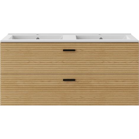 Mobile bagno sospeso striato con lavabo da incasso - 2 cassetti - Rovere chiaro naturale - 120 cm - SARONE (1/4)
