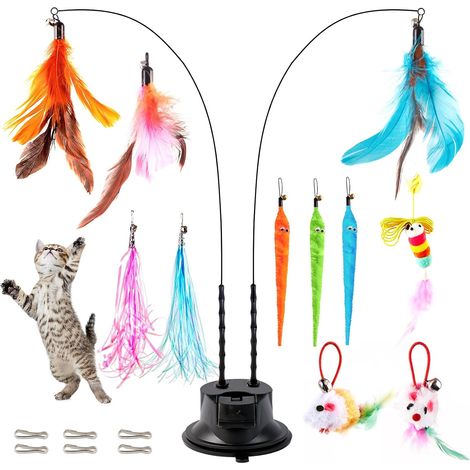 Jouet Chat Interieur, interactifs pour Chats avec 2 Baguette Magique et 10 Plumes avec Cloche,1 Jouets Suspendus, Ventouse Double Trou (1/5)