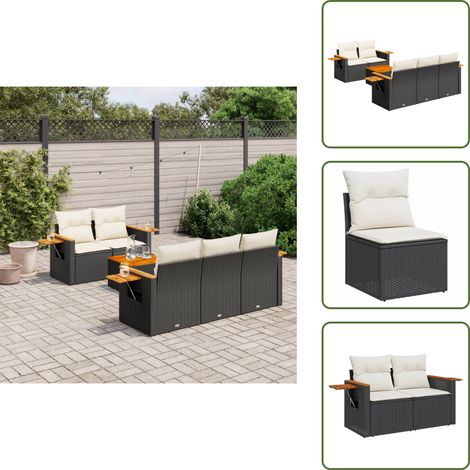 The Living Store Salon de jardin 6 pcs avec coussins noir résine tressée - Ensemble Salon De Jardin - Meuble Extérieur - Jardin Design - Mobilier De Jardin - Chaise Longue (1/5)