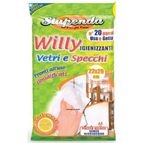BRIANTINA - STUPENDA - 20 PANNI UMIDI USA E GETTA WILLY PER PULIZIA VETRI/SPECCHI - 22x29cm