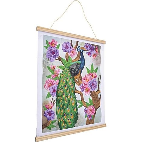Poster 35x45 cm con mosaico di diamanti raffigurante pavone e peonia.