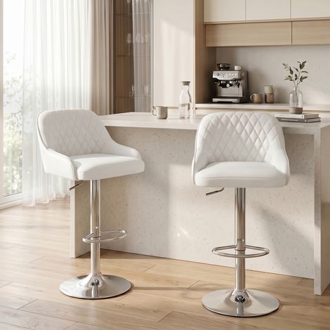 Ensemble 2 tabourets de bar avec dossier, rotatifs et réglables en hauteur, faux cuir, blanc (1/5)