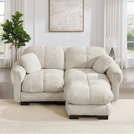 Sofá modular rinconero color caqui claro en chenilla con otomana móvil y cojines acolchados (1/5)