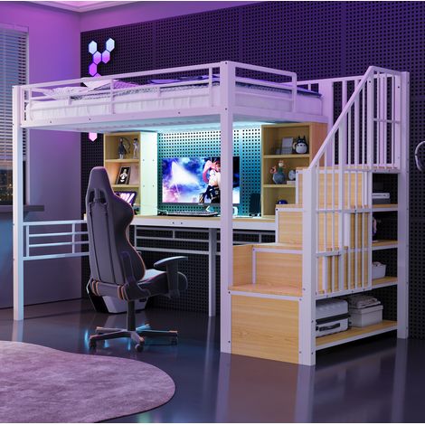 Letto a soppalco 90x200 cm in MDF e metallo bianco, con scrivania, scala contenitore e LED (1/5)