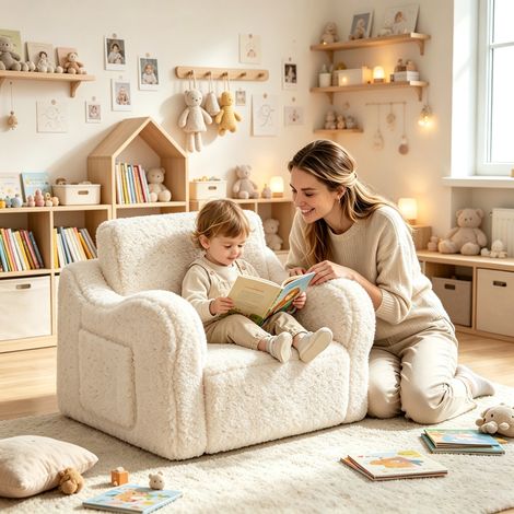 Canapé de jeu enfant 2 en 1 convertible en mousse avec revêtement sherpa doux, fauteuil confortable pour enfants, beige