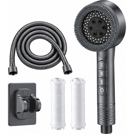 Pommeau de douche turbine réglable à quatre vitesses + flexible de 2 mètres + support, système de filtration intégré, 2 filtres de rechange inclus, gris