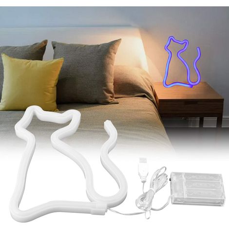 Enseigne lumineuse LED néon en forme de chat, décorative pour mariage ou fête, alimentation USB/piles, bleue (1/5)