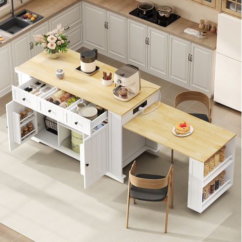 Isola da cucina 138x55x93 cm, tavolo estraibile fino a 213 cm, prese e USB, ripiani regolabili, MDF bianco e naturale (1/5)