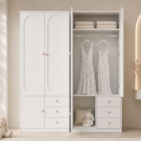 Armario de dormitorio de 2 puertas set de 2 ropero 160x50x200 cm con cajones barra de colgar y tiradores de cerámica rosa de mdf lacado blanco (1/5)