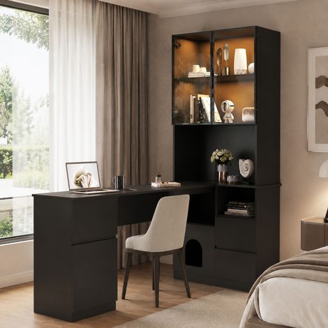Scrivania angolare 120 x 80 x 180 cm con libreria e vetrina LED HAVRYA (1/5)