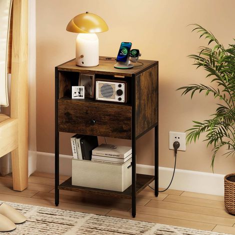 Table de chevet marron rustique en bois et métal avec station de charge, tiroir et étagère pour chambre et bureau (1/5)