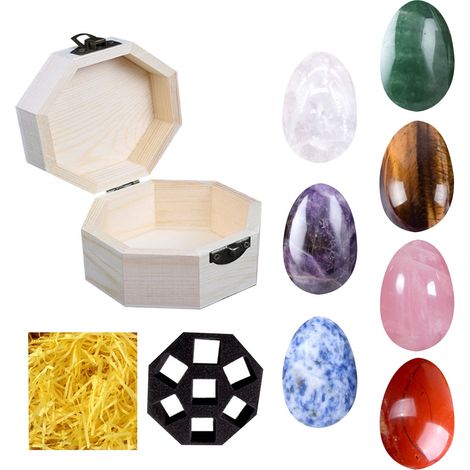 Ornement En Pierre Naturelle - Set De 7 Pierres Précieuses Ovales Améthyste Sodalite Calcite Jaune Pierre D’Oeil Pierre Vert Dongling Boîte En Bois - Décoration Intérieure (1/5)