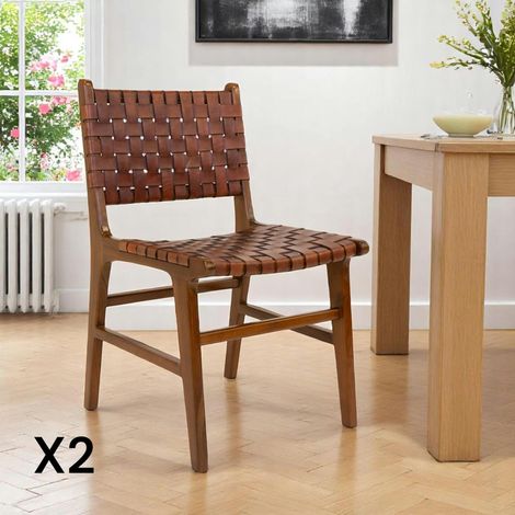 Chaise en bois et cuir tressé marron (lot de 2) MENDOZA (1/5)