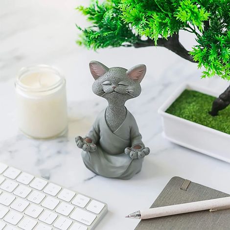 Statue de méditation Statue de chat Zen Yoga Décoration Figure Résine Méditation Yoga Décoration Feng Shui Ornement Sculpture Collection Artisanat Pelouse Jardin Décoration (Petit Gris) (1/4)