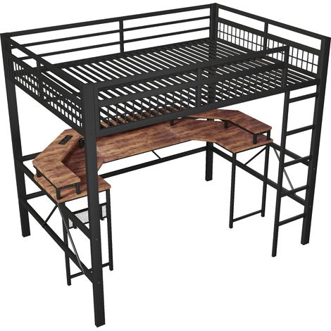 Cama alta 140 x 200 cm de metal con escritorio, LED RGB, USB-C, USB y enchufes, negra (1/5)