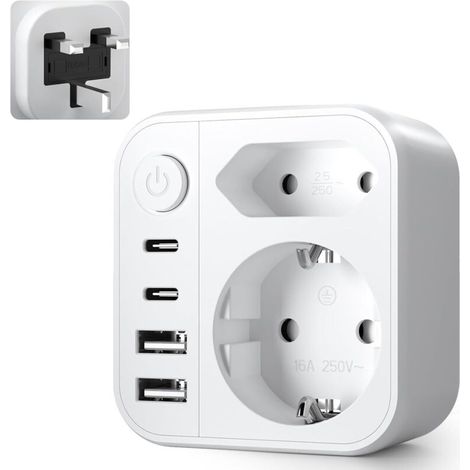 6 en 1 Adaptateur Prise Anglaise UK, Adaptateur Prise Anglaise, Prise Anglaise Adaptateur Francais avec 2 USB A, 2 Type C, 2 Prise, Type G pour UK/Irlande/Malaisie/Maldives (1/5)