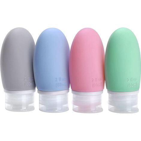 Reiseflaschen Silikon 60ml auslaufsicher 4 Stück Blau Grün Rosa Grau (1/5)