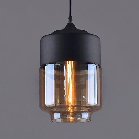 Lampe pendante en forme de lanterne, corps simple en métal, abat-jour cylindrique en verre, lampes créatives nordiques pour tête de lit, restaurant, chambre d'hôtel,Noir ambre