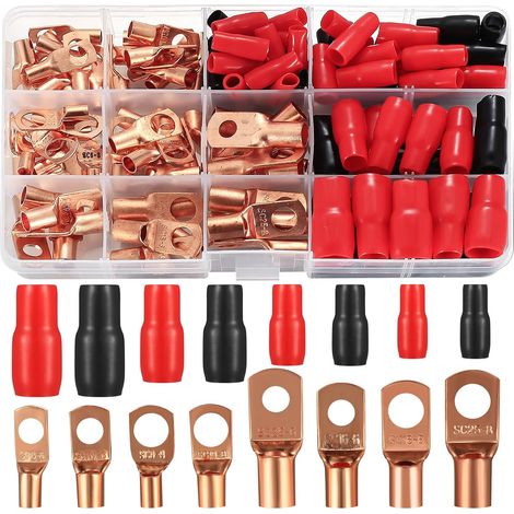 Cosses Électriques à Sertir en Laiton - Kit de Cosses de Batterie avec Trou de Boulon et Gaines Thermorétractables - Pour Câbles 6/10/16/25 mm² - (Cosses Anneau + Gaines) (1/5)