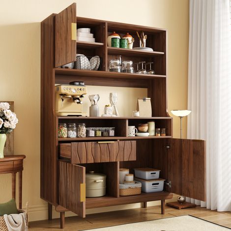 Credenza alta 100x170 cm per cucina con 1 cassetto, 3 ante, ripiani aperti e frontale ondulato, design naturale - Noce (1/5)