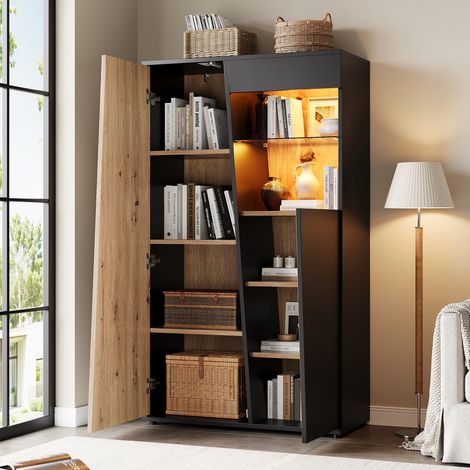 Vitrinenschrank mit LED, Design-Holztür, Glastrennwand Vitrine Schrank,Mehrere Staufächer, Hochschrank Sammlervitrine für Wohnzimmer, Büro, Flur, Schwarz & Holzfarbe,80x35x139.5cm (1/5)