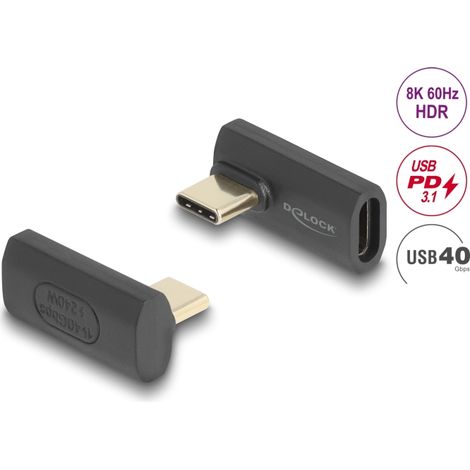 Delock USB Adaptador 40 Gbps USB Type-Câ¢ PD 3.1 240 W macho a puerto hembra girado sesgado hacia la izquierda y hacia la derecha 8K 60 Hz