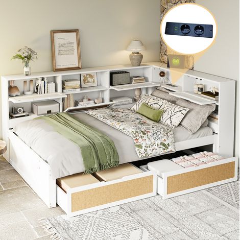 Bett 140x200 mit Stauraum und USB Ladeanschluss Weiß HAVRYA (1/5)