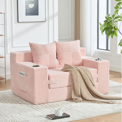 Sofá cama doble de pana aterciopelada rosa con 2 cojines, portavasos y bolsillos lateros (1/5)