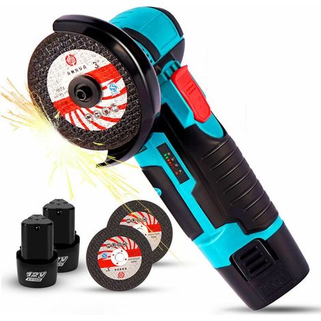 Mini smerigliatrice angolare a batteria da 500 W 12 V, con disco abrasivo da 78 mm, caricabatterie e 2 batterie.