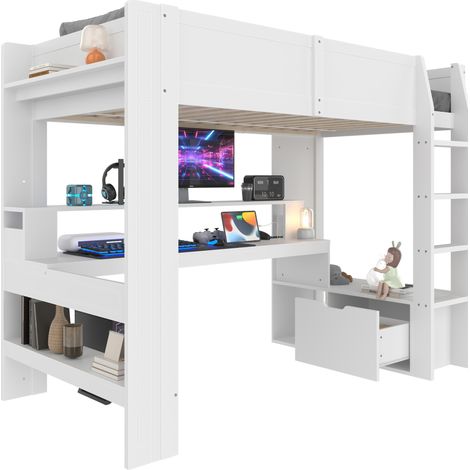 Lit mezzanine en pin blanc 90x200 cm avec bureau, étagères, tiroir et LED 16 couleurs (1/5)