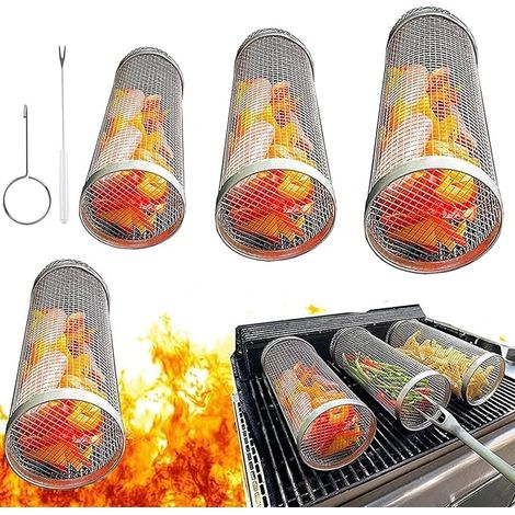 Lot de 3 paniers à griller rotatifs en acier inoxydable, accessoires de barbecue pour le camping et les pique-niques en plein air. (1/5)