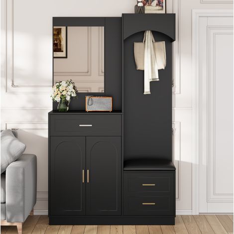 Kompaktgarderobe (110x33x185.5 cm), Garderobe, Schuhschrank, Spiegel und Schuhbank, MDF, Schwarz (1/5)