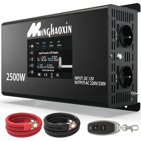 Convertisseur Pur Sinus 2500W/5000W 12V 220V Onduleur Transformateur 2 Prises EU Courant Alternatif, Ports USB + Type-C, Télécommande sans Fil, Écran LCD, Pour Voiture, Camping, Voyage (1/5)
