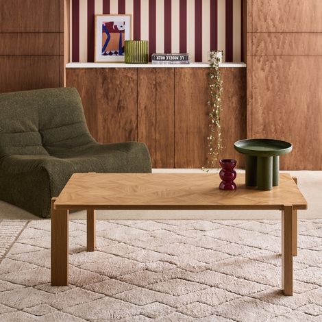 Table basse vintage rectangulaire décor bois plateau effet chevrons 120 cm - Zala