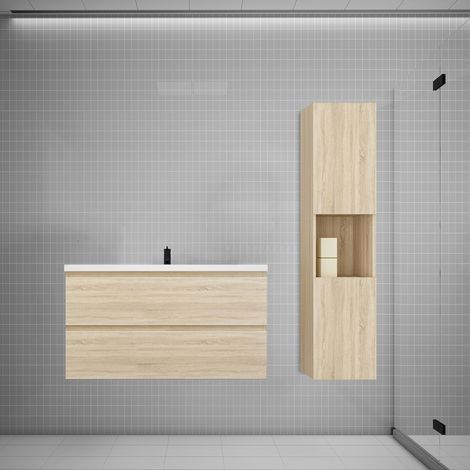 Aica Ensemble meuble vasque L.99cm chêne 2 tiroirs + lavabo + colonne